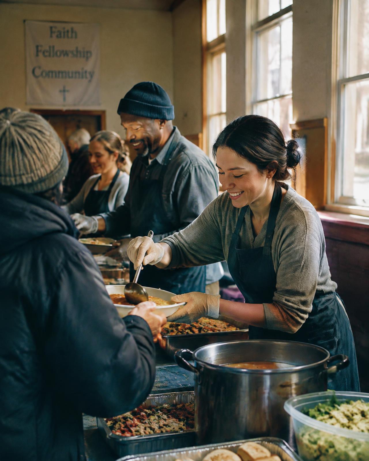 Volunteers serving warm food to guests in a church fellowship hall
