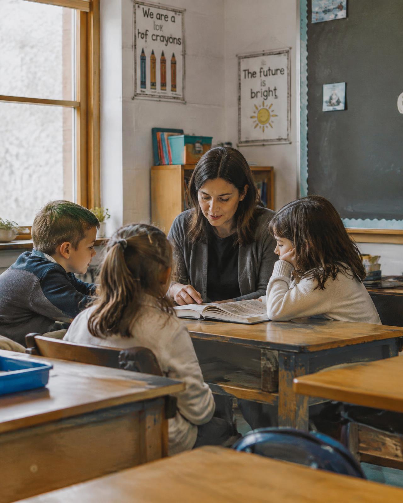 A teacher reading with three students at a classroom table